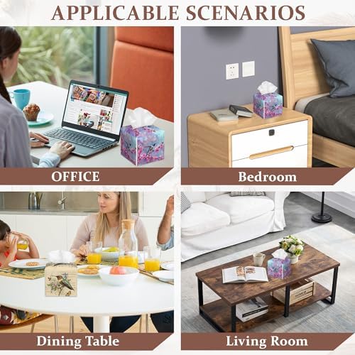 Hummingbird Flowers Spring Tissue Box Cover, Set of 2 Square Leather Tissue Holder Organizer Portable Decorative Facial Paper Case for Home Office Bathroom Vanity Countertop - Image 7