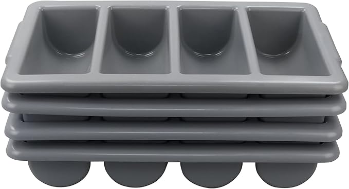 Begale 4-Pack Plastic Commercial Cutlery Bin, 4-Compartment Cutlery Bin, Gray