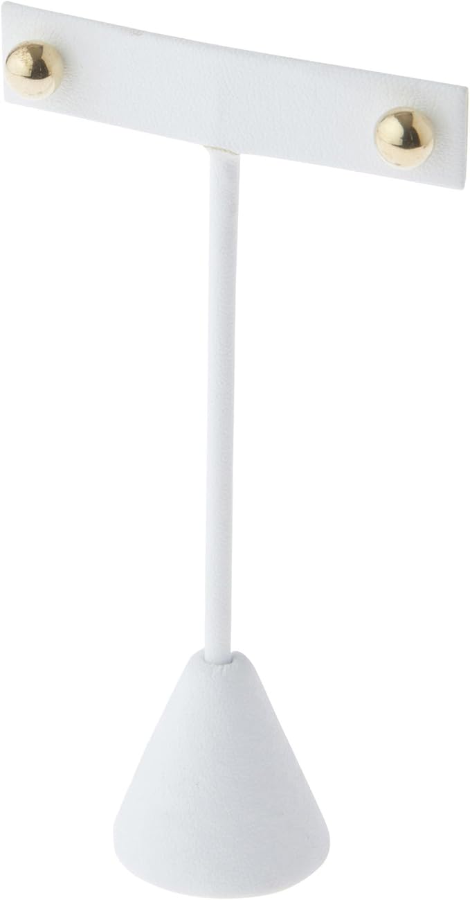 Plymor White Faux Leather T Style, Single Pair Earring Display Stand, 2.5" W x 1.25" D x 4.5" H (Pack of 2)
