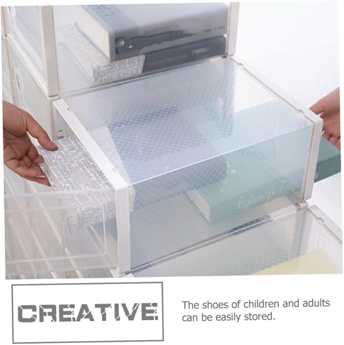 BESPORTBLE Stackable Clamshell Shoes Organizer with Dustproof Flip Cover White Plastic Shoe Storage Box for Home Closet
