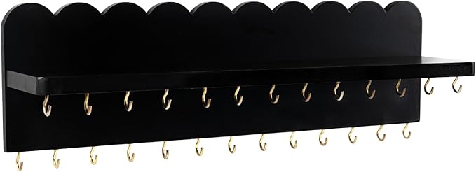 Wall Mount Jewelry Organizer with 26 Hooks and Cosmetics Shelf, Modern Wood Hanging Jewelry Holder for Necklaces, Bracelets, Earrings and Rings, Black