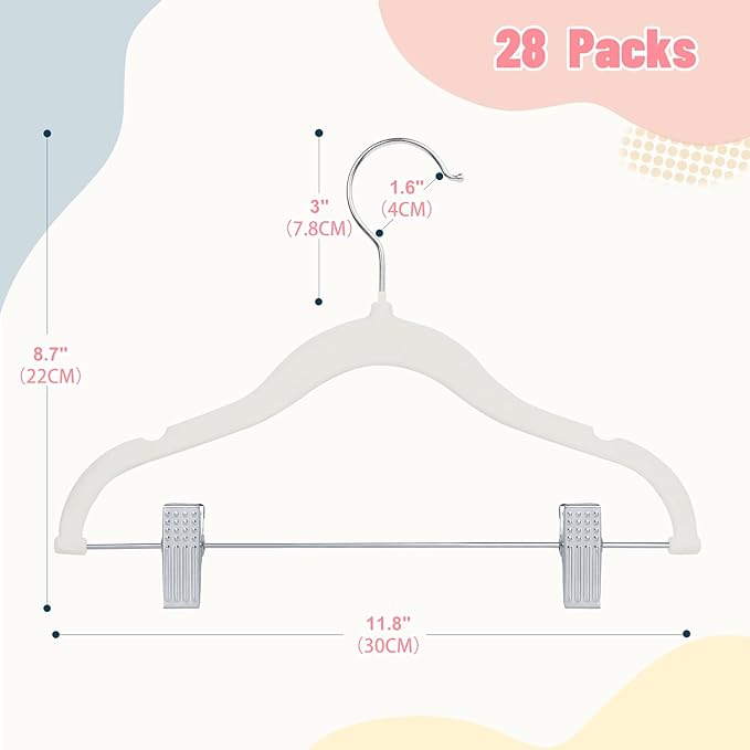 ManGotree 11.8'' Baby Velvet Hangers with Movable Clips, Non-Slip Kids Felt Hangers, Ultra-Thin Space-Saving Children's Clothes Hangers for Skirts, Pants, Dresses, Shirts, Jackets (28 Pack, White)