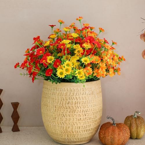 alyptus Faux Flowers Outdoor Artificial Mums – 12 Bundles UV Resistant Fall Flowers for Planter Porch Patio Yard Garden Decoration(Red 5, Orange 5, Yellow 2) - Image 6