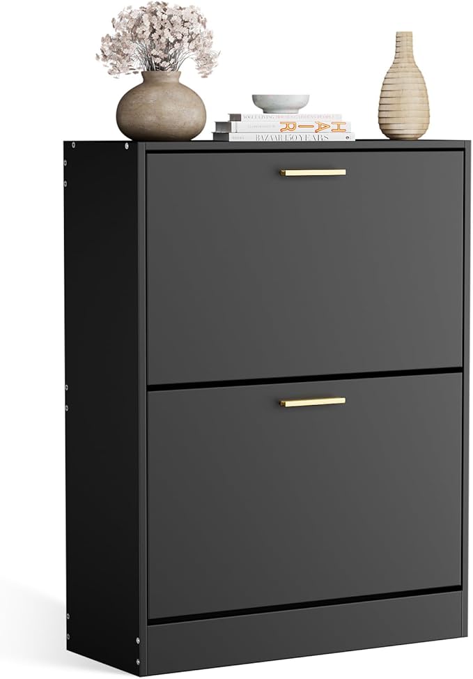 JOZZBY Shoe Cabinet for Entryway, Narrow Shoe Storage Cabinet with 2 Flip Drawers, Wooden Hidden Shoe Rack Organizer with 2 Tier Freestanding for Hallway, Living Room, Set of 2, Black