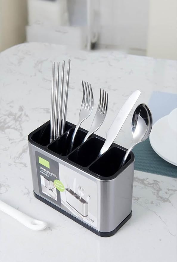 Countertop Cutlery Drying Holder Utensil Holder Stainless Steel Cutlery Drainer Tableware Holder Box Tabletop Separated Fork Chopstick Kitchen Storage Cutlery Utensil Organizer