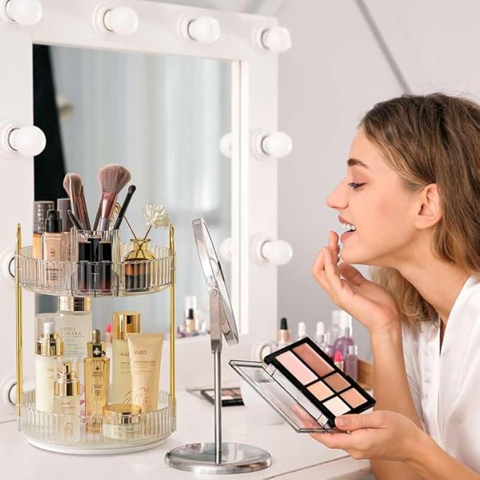 shuang qing Rotating Makeup Organizer for Vanity, High-Capacity Skincare Clear Make Up Storage Perfume Organizers Cosmetic Dresser Organizer Countertop 360 Spinning (Clear, New-2 Tier)