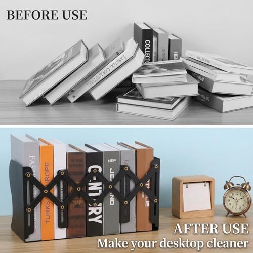 2 PCS Adjustable Book Ends for Shelves, Heavy Duty Metal Book Holder Organizer, Expandable Desk Book Stopper for Office Home, Black - Image 7