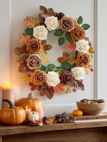 InnoGear Artificial Flowers, 50 Pcs Shades of Earth Tones Foam Fake Roses Bulk with Stems for Autumn Fall Decoration DIY Wedding Bouquets Centerpieces Bridal Shower Party Christmas Tree - Image 7