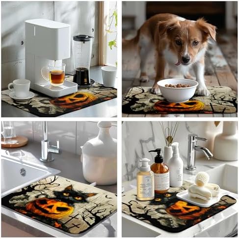 Black Cat Halloween Kitchen Dishes Drying Mat 16x18 Inch Halloween Fall Pumpkin Bat Dish Drying Mats for Kitchen Counter Absorbent Microfiber Dish Rack Mat Drainer Pad for Coffee Bar Sinks - Image 7