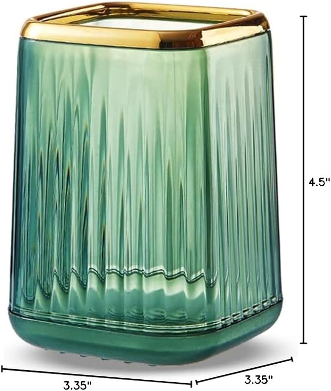 Makeup Brush Cup Holder Organizer for Vanity, Acrylic Vintage Green Make Up Brushes Holders Container Storage with Striped Design for Bathroom Countertop, Cute Pen Pencil Holder Cosmetic Cup for Desk