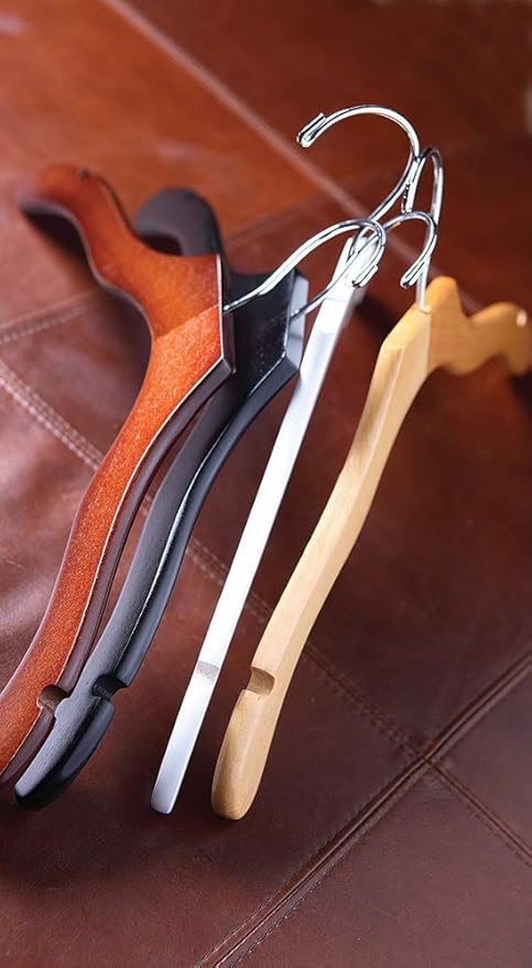Wavy Wood Top Hanger, Box of 25 Space Saving 17 Inch Wooden Hangers w/Natural Finish & Chrome Swivel Hook & Notches for Shirt Jacket or Dress