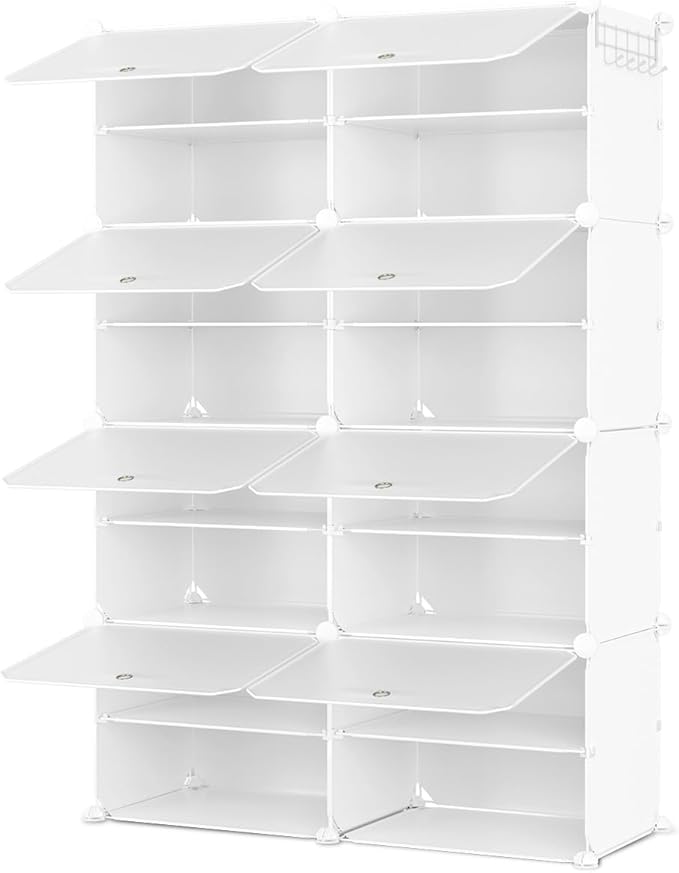 Shoe Rack 8 Tier Shoe Storage Cabinet with Door 32 Pair Tall Shoes Rack Organizer Free Standing Expandable Stable Plastic Easy Assembly Shoes Shelf for Closet Hallway Entryway Bedroom White
