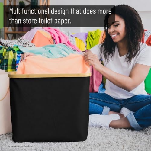 BAMBOO LAND- Toilet Paper Storage with Bamboo Lid for 12 Rolls, Black, Waterproof Bamboo Toilet Paper Holder Basket - Image 7