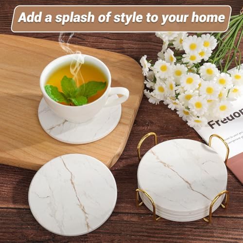 Acejoz Drink Coasters with Holder for Coffee Table, Absorbent Coasters Set of 6, Marble Style Ceramic Coaster for Wooden Table, Suitable for Kinds of Cups, Home Decor, 4 Inches(White) - Image 7