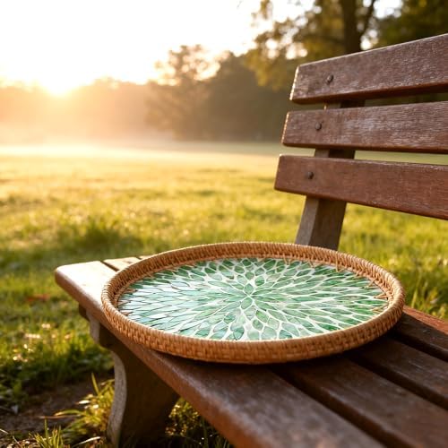 13.8" Round Rattan Tray with Mother of Pearl Inlay,Wicker Coffee Table Tray - Image 7