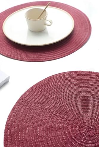 Floroom 15 Inch Round Braided Placemats Set of 4, Washable Heat Resistant Cotton Polyester Circle Place Mats for Kitchen Dining Table - Burgundy - Image 5