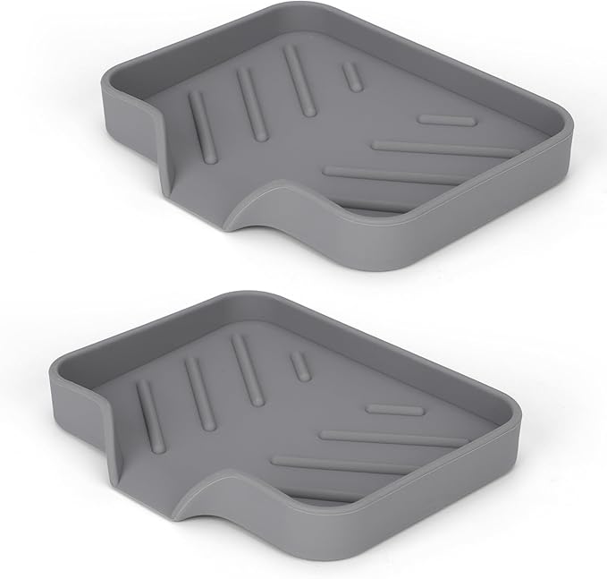 Silicone Soap Dish for Shower with Self Draining, 2 Pack Soap Holder for Bathroom, Silicone Sponge Holder for Kitchen Sink, Soap Tray for Dispenser, Scrubber, Bottle, 4.7"×3.9", Gray