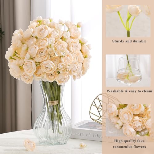 U'Artlines Mini Ranunculus Artificial Flowers Bouquet 20 PCS Creamy - Image 7