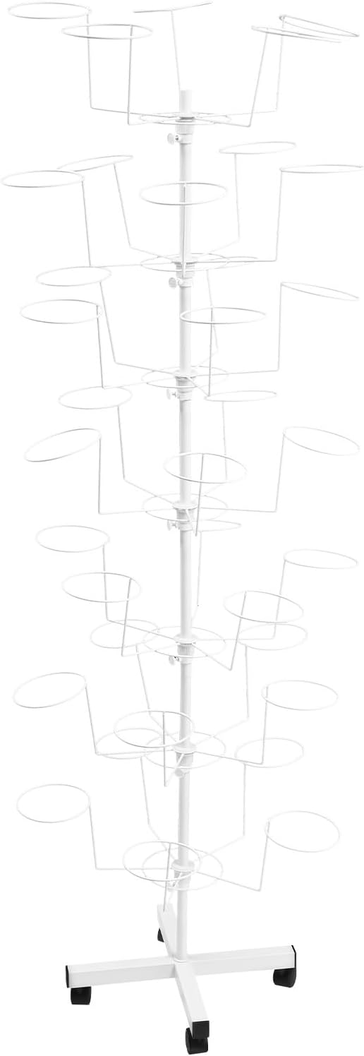 7-Tier Rotating Hat Display Stand, Free Standing Hat Rack Stand, Rolling Display Hat Stand with 35 Metal Hooks, Adjustable Height Cap Organizer for Wig Cap Baseball Hats (1PC - White)