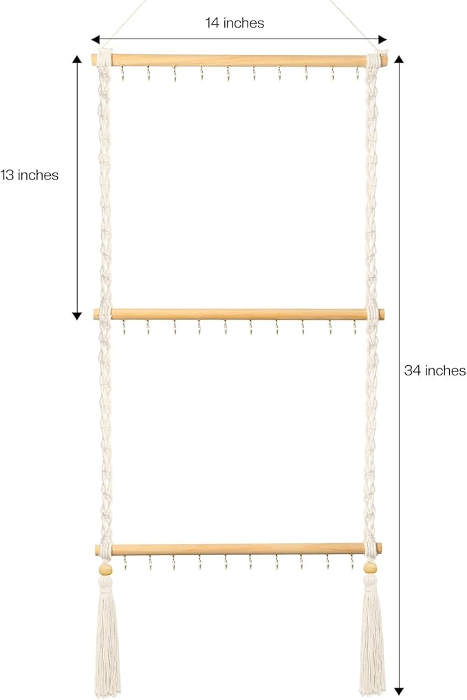 UREYMX Hanging Jewelry Organizer Macrame Necklace Holder, with 30 Hooks, Over Door Necklace Rack, Wall Mounted Jewelry Hanger with Tassel Boho for Necklace Headband Bow Earring Bracelet