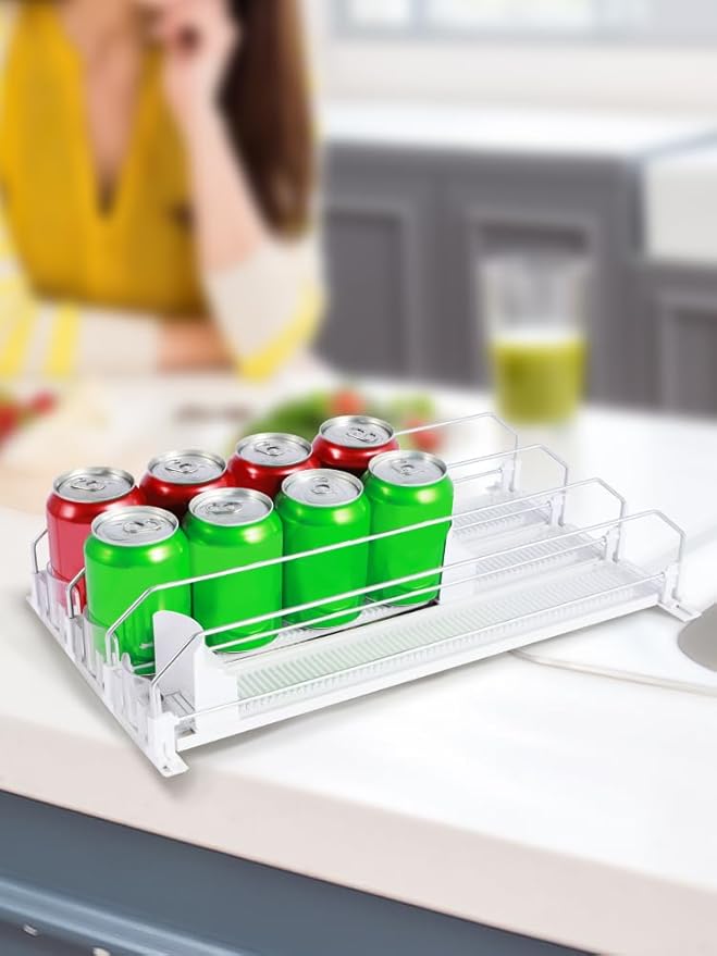 Drink Organizer for Fridge, Self-Sliding Soda Can Dispenser for Refrigerator, Width Adjustable Beverage Pusher Glide, 3 Rows Can Organizer with 12oz 16oz 20oz Soda Dispenser (White, 31CM3 Row)