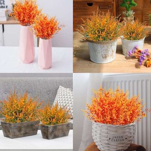 Outdoor Artificial Fall Flowers,10 Bundles UV Resistant Fake Lavender Flowers Outdoor Faux Plastic Plants Flower for Indoor Outdoor Home Decor(Orange Green) - Image 7