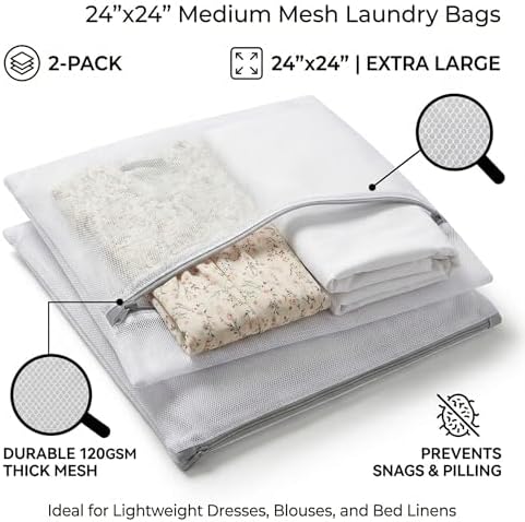 24x24 Medium Mesh Laundry Bags for Delicates, 2-Pack – for Lightweight Dresses, Blouses & Bed Linens – Durable 120GSM Fabric Prevents Snags & Pilling, Reusable Wash Bags - Image 7
