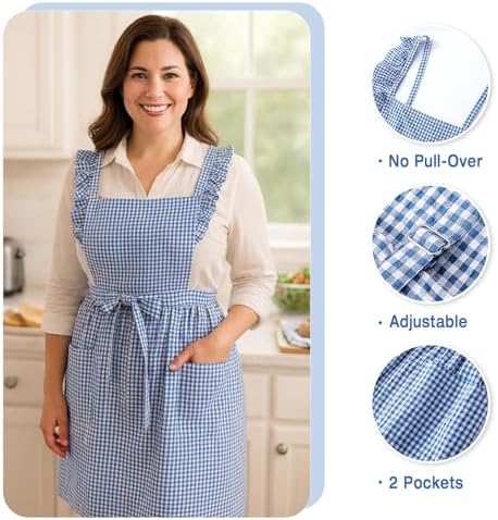 Vintage Gingham Apron for Women, Ruffle Straps, 2 Pockets, Soft Cotton, Apron Dress Style for Cooking & Baking - Image 6