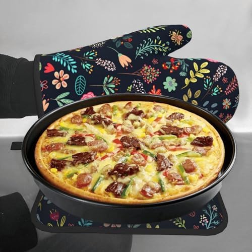 Colorful Flowers Oven Mitts and Pot Holders Sets Wildflowers Oven Gloves Heat Resistant Vintage Floral Leaves Kitchen Mitts Black Hot Pads Two Piece Set for Cooking Baking Grilling BBQ - Image 7