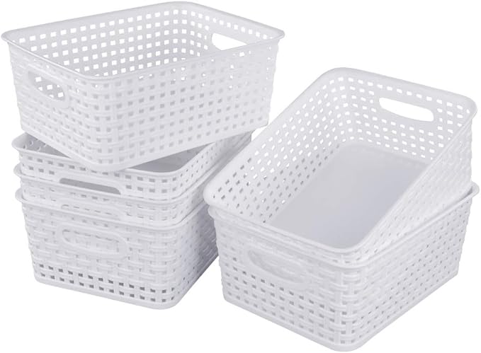 Sandmovie White Plastic Rattan Storage Baskets, 6 Packs