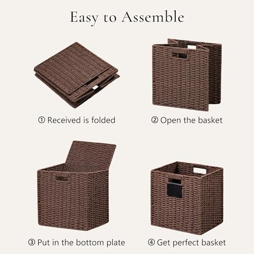 UBBCARE 2 Pack Wicker Basket, 13×13 Storage Cubes with Label, Foldable Cube Storage Bin with Handle, Square Storage Basket for Shelves, Woven Paper Rope Basket for Organizing, Brown - Image 7