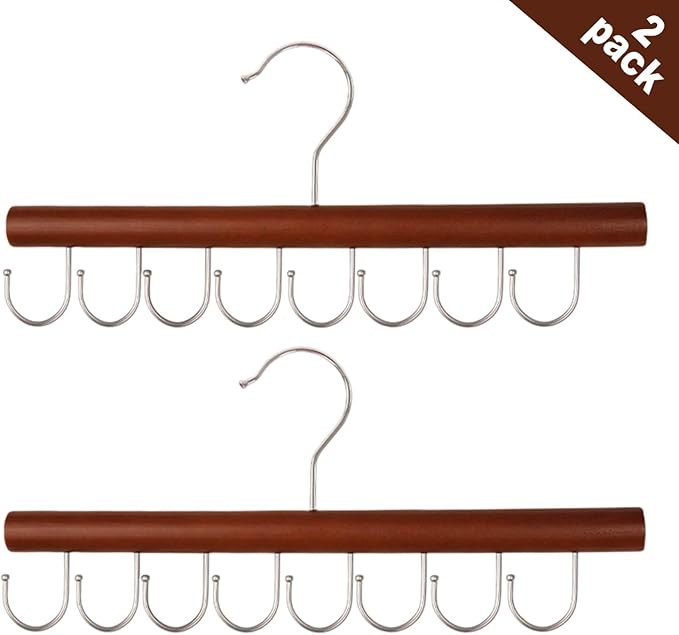 2PCS Belt Organizer Hanger,Sturdy Wood Belt Rack Closet Accessories with 8 Hooks Belt Organizer for Closet Organizers and Storage (Mahogany)
