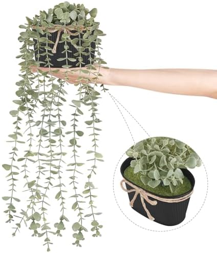 Mkono Fake Hanging Plants in Farmhouse Galvanized Pot for Shelf Decor Black - Image 6