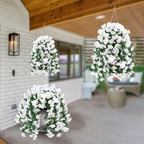 Sggvecsy Artificial Fake Hanging Flowers Plants for Outdoor Outside Spring Summer Decoration 2PCS Faux Silk UV Resistant Realistic Morning Glory Trailing Vines for Home Porch Patio Balcony(White) - Image 6