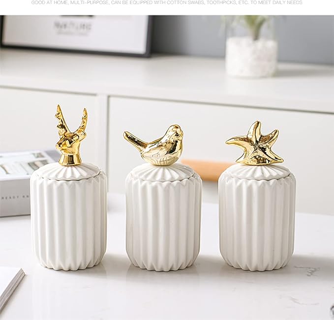 Cotton Swab Holder Qtip, Q-Tips Container with Lid, Ceramics Cotton Ball Canister Canister Toothpick Holder Dispenser for Vanity Dresser Counter Bathroom (Bird)