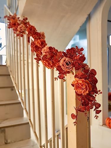 Anna's Whimsy 5.91FT Artificial Eucalyptus Garland with Flowers, Fall Decor Fake Rose Gypsophila Garland, Fall Flower Faux Floral Garlands for Wedding Home Party Table Runner(Orange, 1) - Image 7
