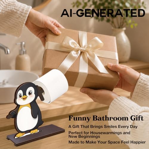 Funny Penguin Toilet Paper Holder Cute Wooden Free Standing Decor - Image 6