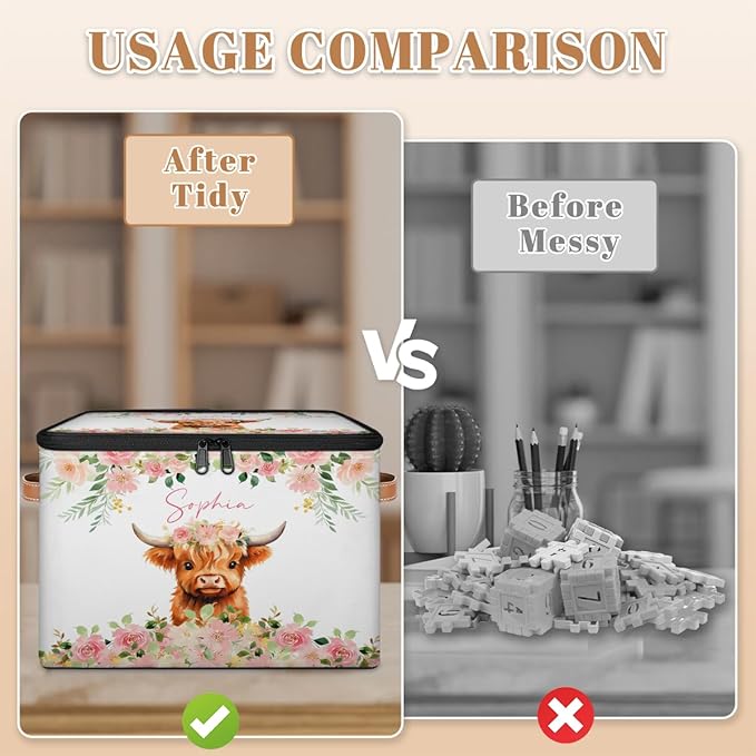 Custom Highland Cow Storage Bins with Lid, Foldable Personalized Storage Basket Boxes with Handle Pink Flower Shelf Basket Closet Organizer Cube
