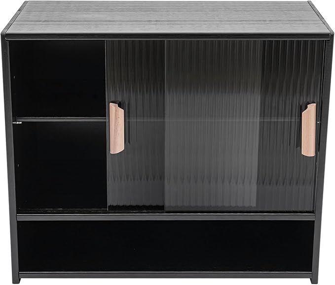 OUKANING 3 Tiers Small Bamboo Kitchen Pantry Sideboard with 2 Sliding Striped Glass Doors, Freestanding Kitchen Pantry Cabinet for Bottle, Dish, Bowl Console Dining Cupboard, Black