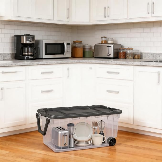 160 Quart Wheeled Stacker, Extra Large Durable Clear Bin, Latch Lid and Pull Handle, Gray, 2 Count