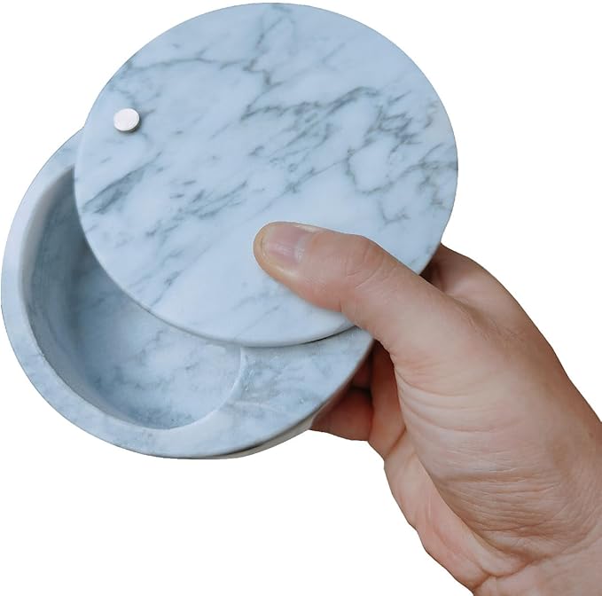 Kerixi Marble Salt Cellar and Storage Box with Two Compartments Salt Box with Swivel Lid for Storing Spice (Gray white)