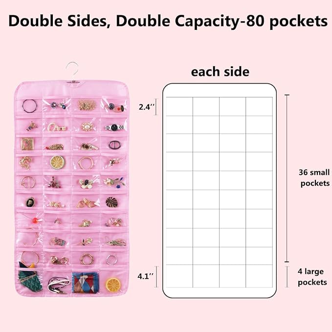 Bloss Valentines Day Gifts,Pink Hanging Jewelry Organizer with 80 Pockets Jewelry Organizers and Storage, Earring Organizer Holder For Jewelry Earring Storage Dating Gifts