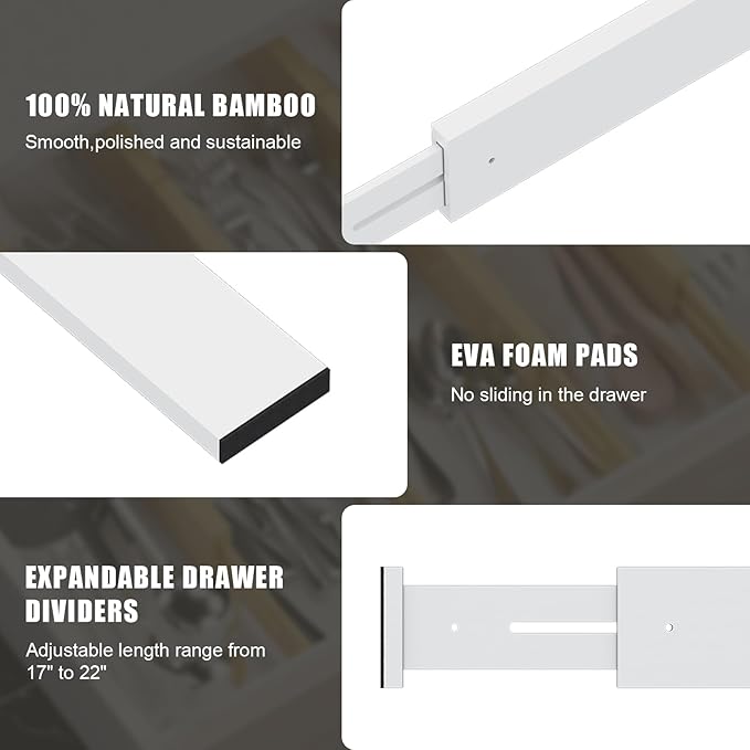 Bamboo Drawer Dividers,17-22" Adjustable Kitchen Drawer Organizer for Clothes,4 Pack Expandable Drawer Organization Separators for Bedroom,Bathroom,Dresser and Office,White