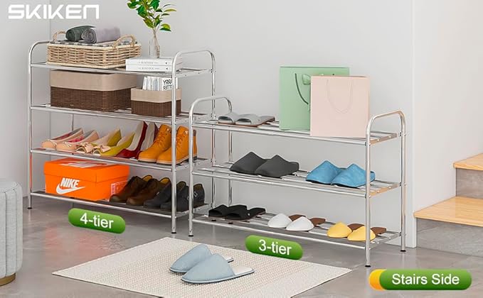 4-Tier Expandable Shoe Rack – Adjustable Heavy Duty Organizer Shelf | 100% Stainless Steel & 4-Rod Stretchable | Small Space Shoe Rack for Closet Entryway (15" to 27", Silver)