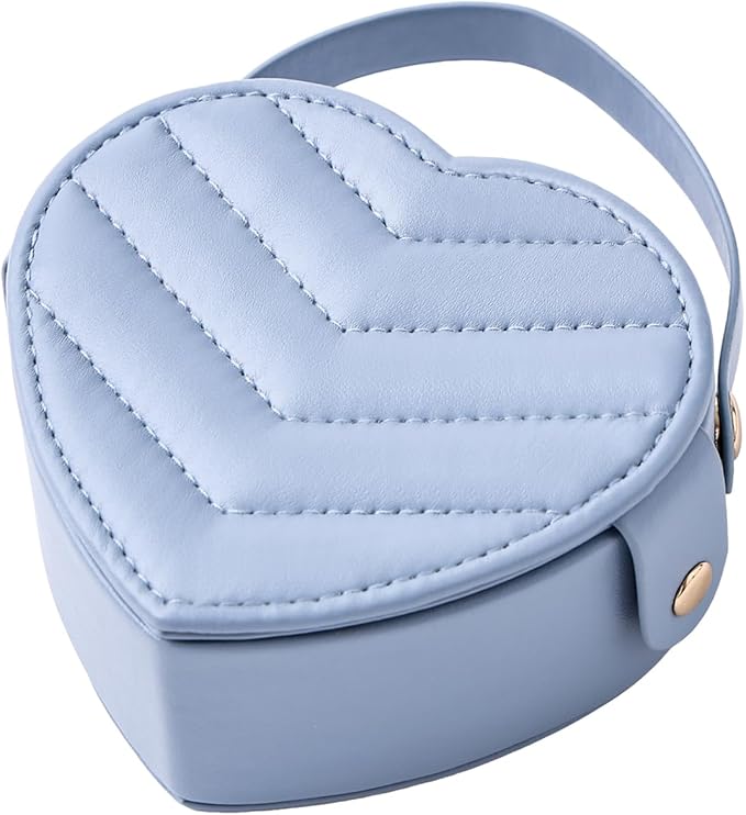 CASEGRACE Small Travel Jewelry Case, Elegant Heart Shaped Design with Detachable Handle,Portable Jewelry Organizer Box for Necklace Rings Earrings,Jewelry Storage for Women Girls (Blue)
