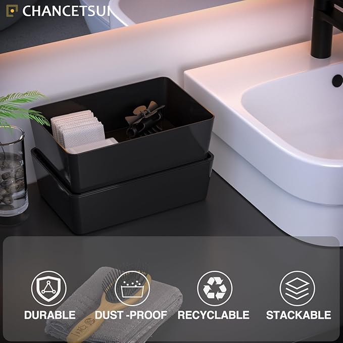 CHANCETSUI Storage Bins with Lids Plastic Containers: Multipurpose Stackable Storage Container Bins with Lid for Home and Office Organization, Small Storage Bin, 2 Pcs 7x10 Black