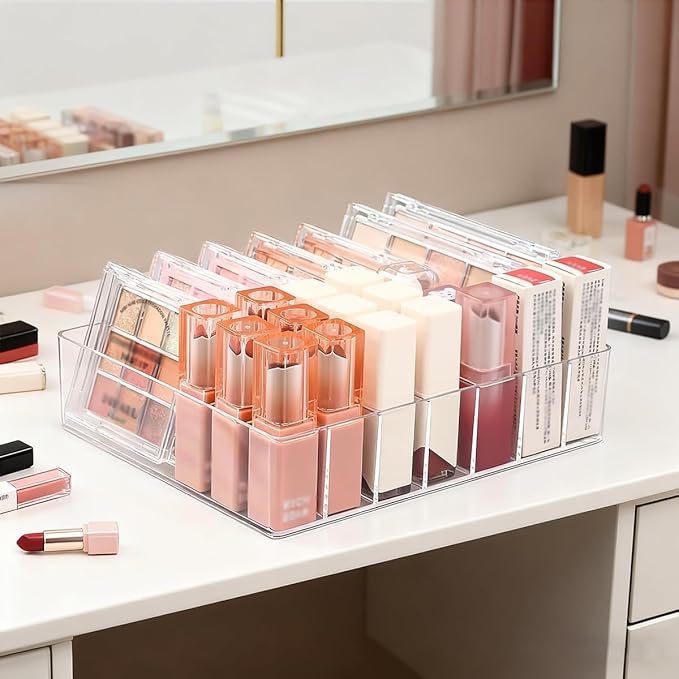 Makeup Organizer for Eyeshadow Palette and Lipstick Organizer, 7 Section Divided Makeup Palette Organizer for Lipstick Highlighter, Skincare Cosmetic Display Cases for Bathroom