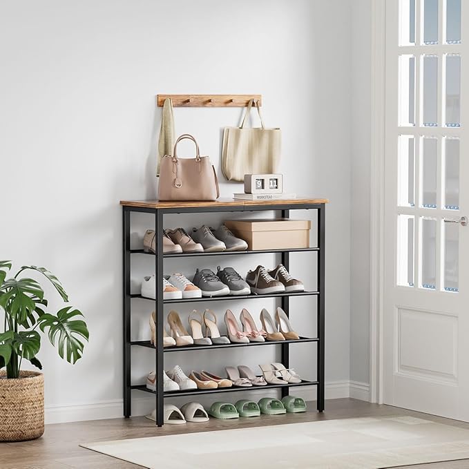 Shoe Rack, 5-Tier Shoe Storage Organizer with 4 Metal Mesh Shelves for 15-20 Pairs, Free Standing Shoe Racks, for Entryway, Hallway, Closet, Dorm Room, Industrial, Rustic Brown