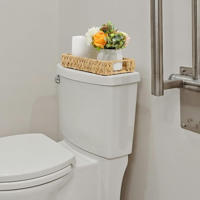 Bathroom Tray, 11 Inch Water Hyacinth Vanity Tray with Handle, Small Wicker Basket for Bathroom Toilet Tank Countertop, Wicker Bathroom Trays for Counter Decor