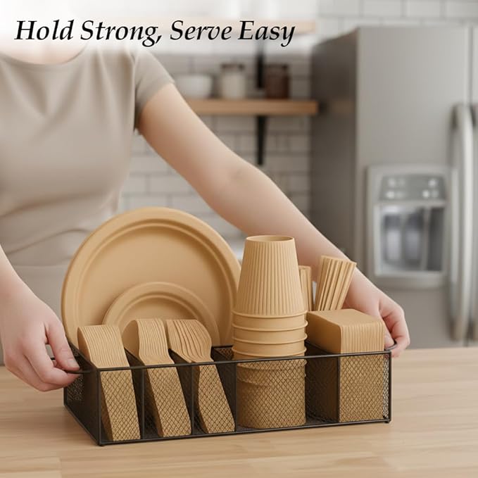 6 Compartment Metal Paper Plate Organizer Caddy for Countertop – Paper Plate & Utensil Holder for Parties, Buffet, Camping, Kitchen Organization & Outdoor Events